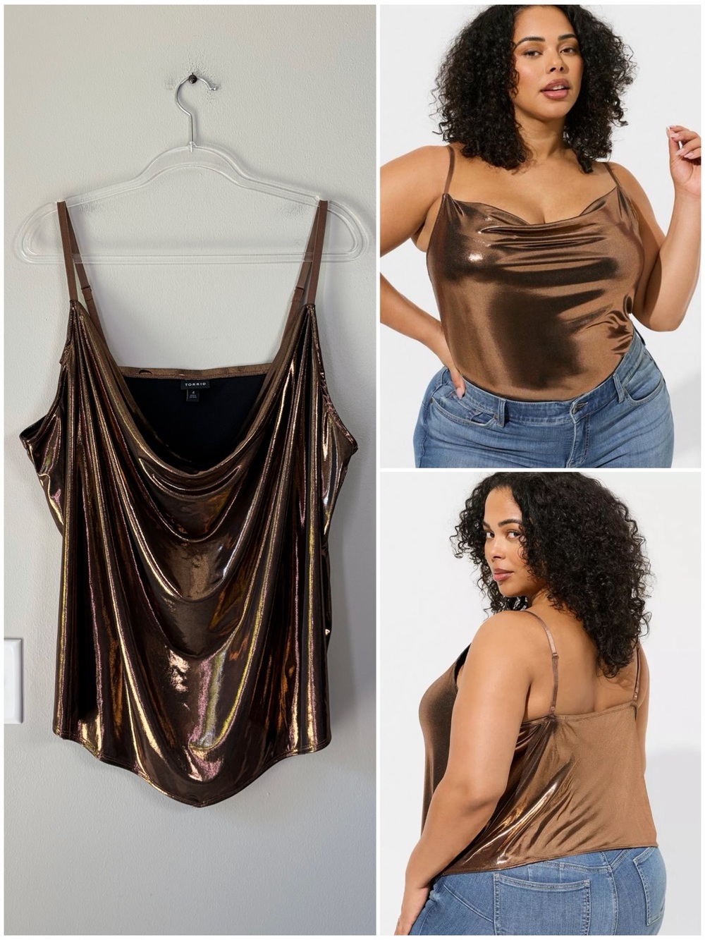 Torrid Liquid Shine Cowl Cami Blouse in Bronze Evening Party Elegant Date Night